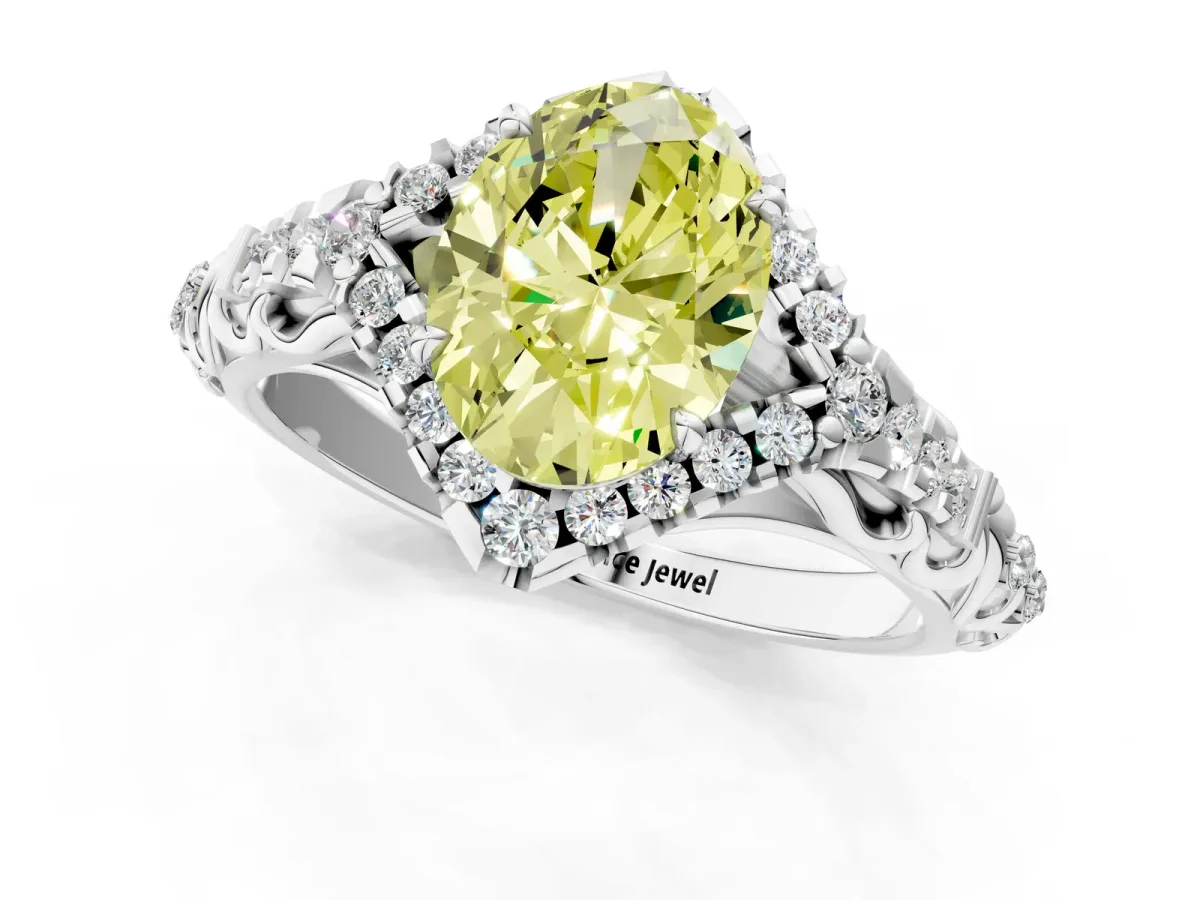 Fancy Yellow Oval Cut Diamond Solitaire Ring with Hidden Halo and Pavé Band White gold