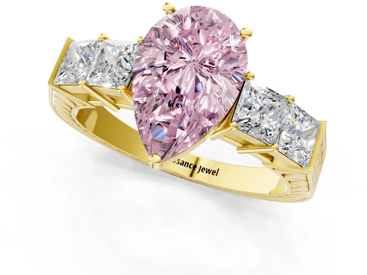 Fancy Pink Pear Cut Solitaire Princess Side Stone Engraved Band Prong Setting Ring Yellow gold