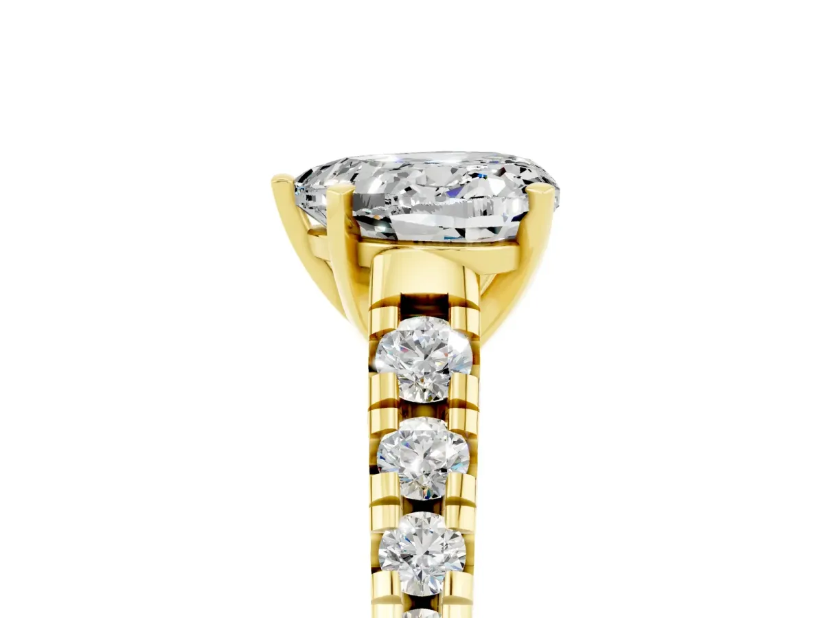 Heart Cut Moissanite Cathedral Solitaire Ring with Round Pavé Band Yellow gold