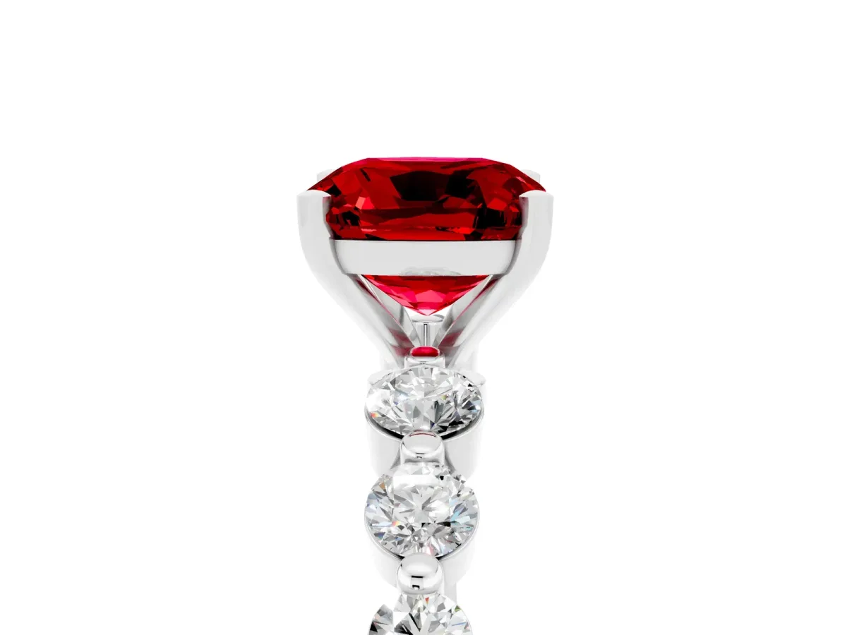 Cushion Cut Solitaire Ruby Ring with Pave Band and Four-Prong Setting Silver