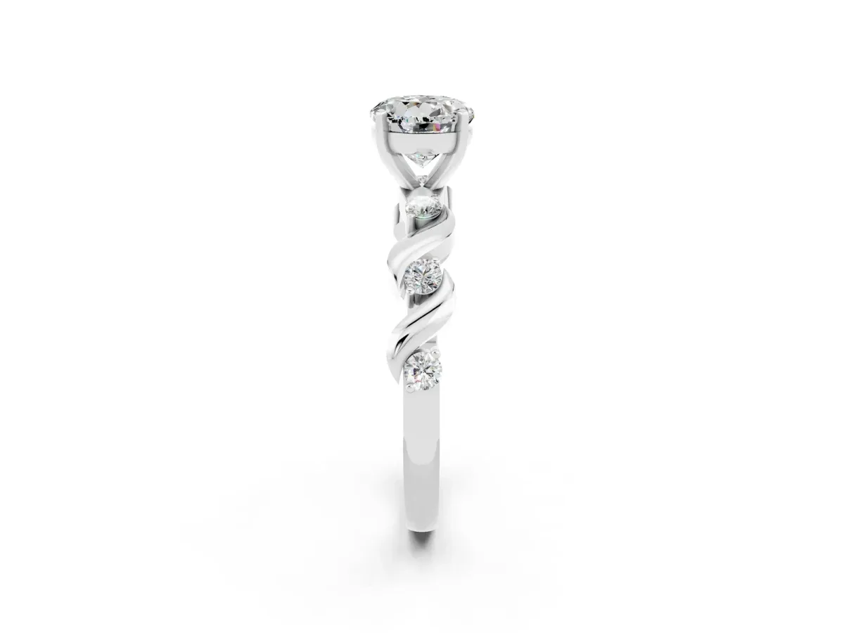 Round Cut Moissanite Solitaire Twisted Band with Round Accents and Prong Setting White gold