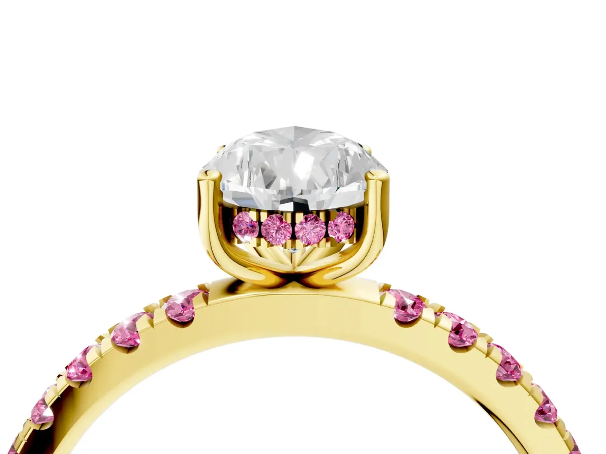 Pear Cut Diamond Pave Band Solitaire Ring with Round Pink Sapphire and Prong Setting Yellow gold