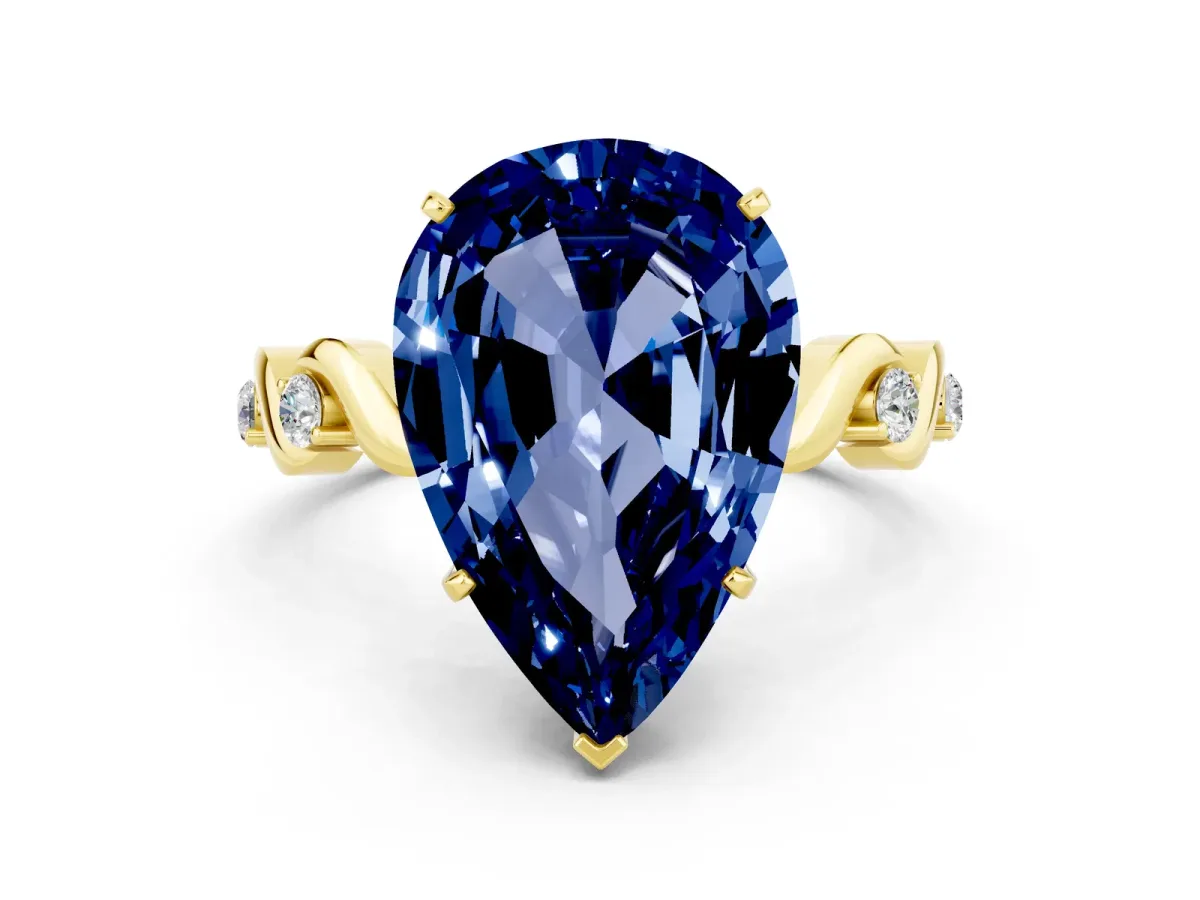 Pear Cut Blue Sapphire Solitaire Twisted Band with Round Accents and Prong Setting Yellow gold