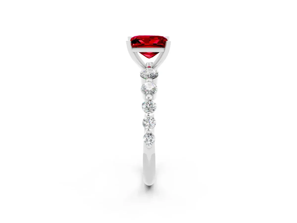 Princess Cut Solitaire Ruby Ring with Pave Band and Four-Prong Setting Silver