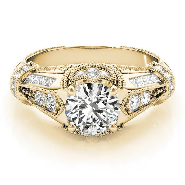 Vintage Milgrain Round Cut Diamond Split Shank Ring with Prong Setting Yellow gold