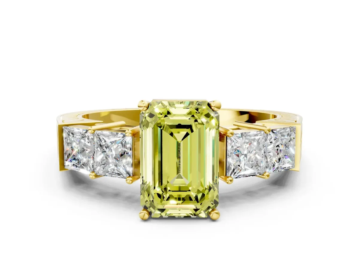 Fancy Yellow Emerald Cut Solitaire Princess Side Stone Engraved Band Prong Setting Ring Yellow gold