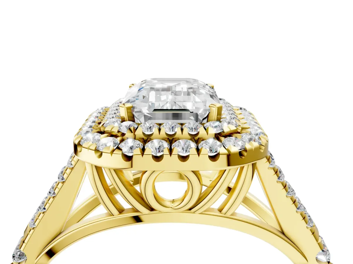 Double Halo Emerald Cut Diamond Split Shank Engagement Ring with Four-Prong Setting Yellow gold
