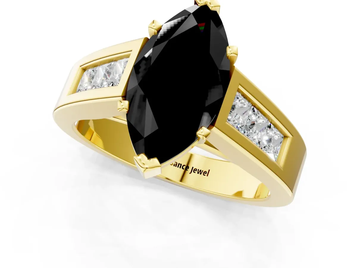 Fancy Black Marquise Cut Cut Channel Set Solitaire Ring with Four-Prong Setting Yellow gold