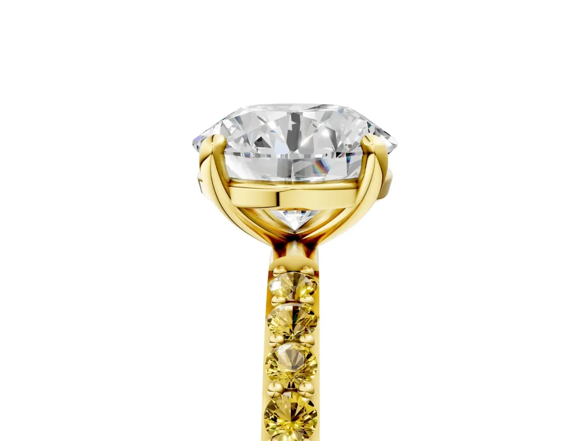 Round Cut Diamond Solitaire Ring with Round Yellow Sapphire Pavé Band and Prong Setting Yellow gold