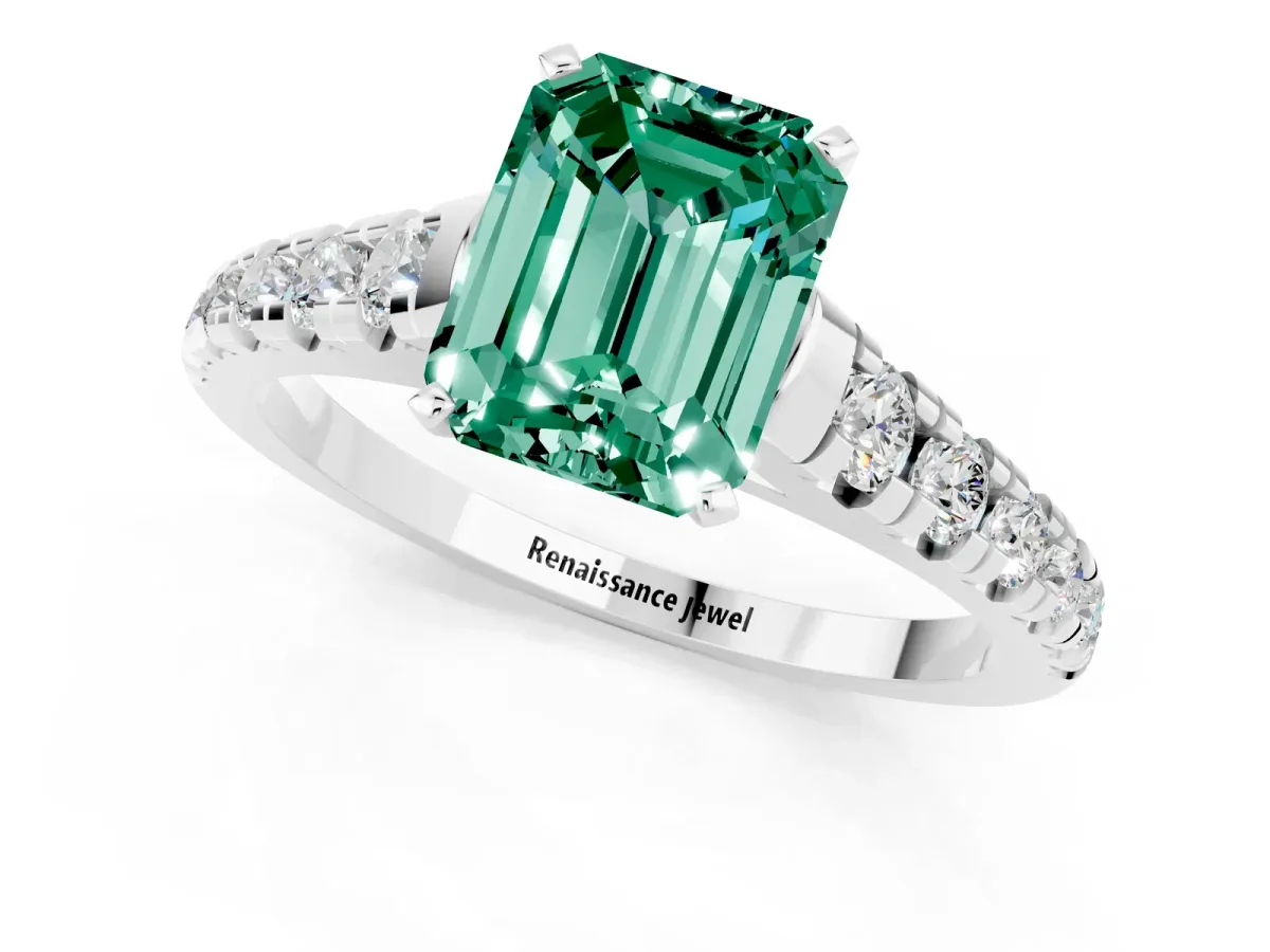 Emerald Cut Green Sapphire Cathedral Solitaire Ring with Round Pavé Band Platinum