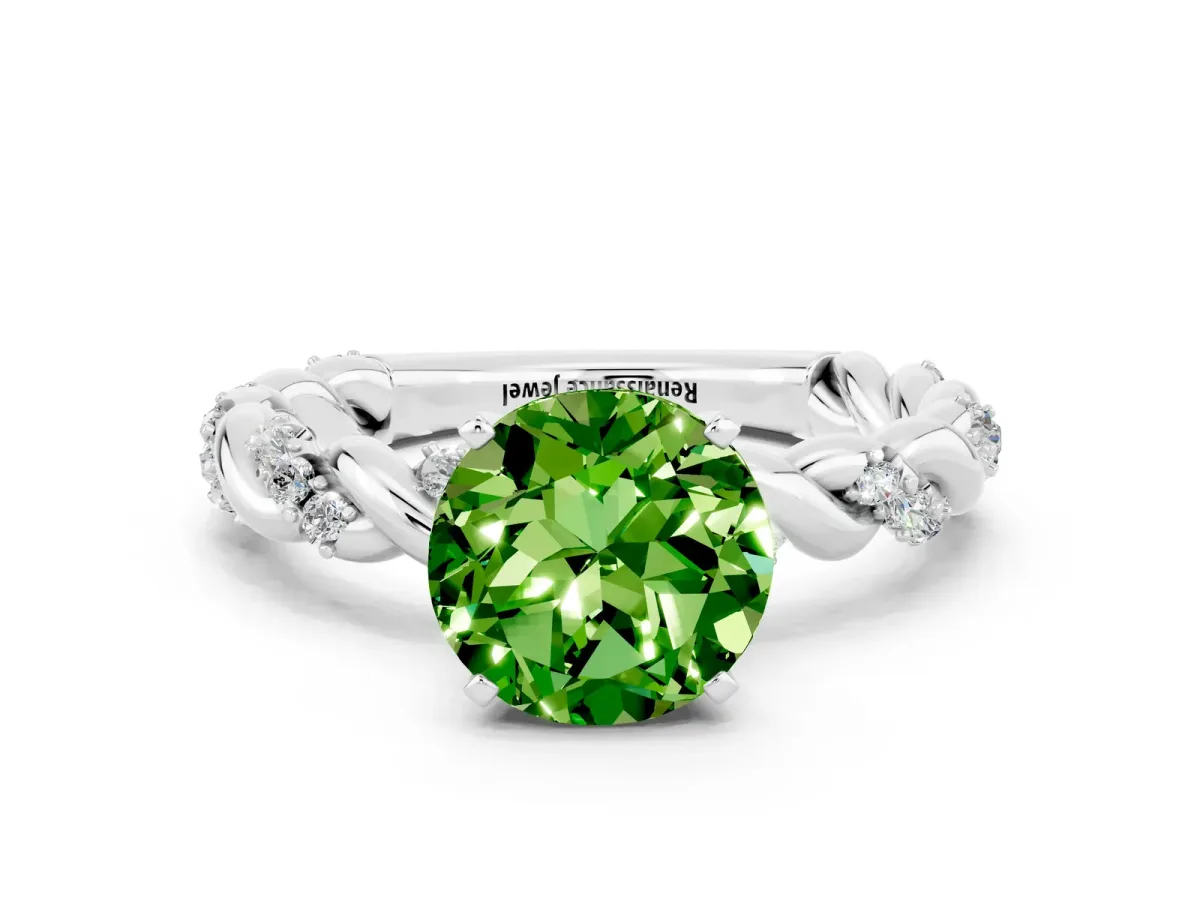 Round Cut Peridot Solitaire Ring with Twisted Band and Pavé Accents Silver
