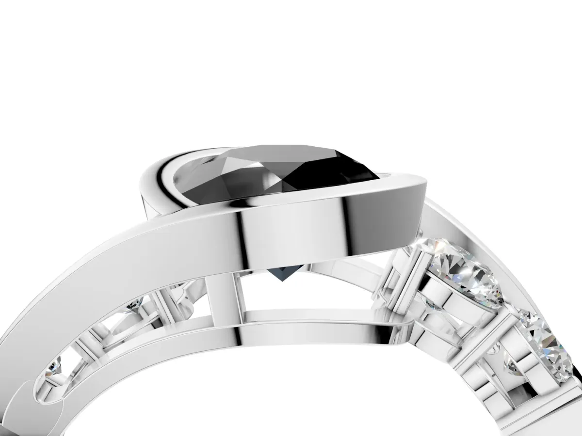Fancy Black Bezel Set Round Cut Diamond Bypass Ring with Round Accents Silver