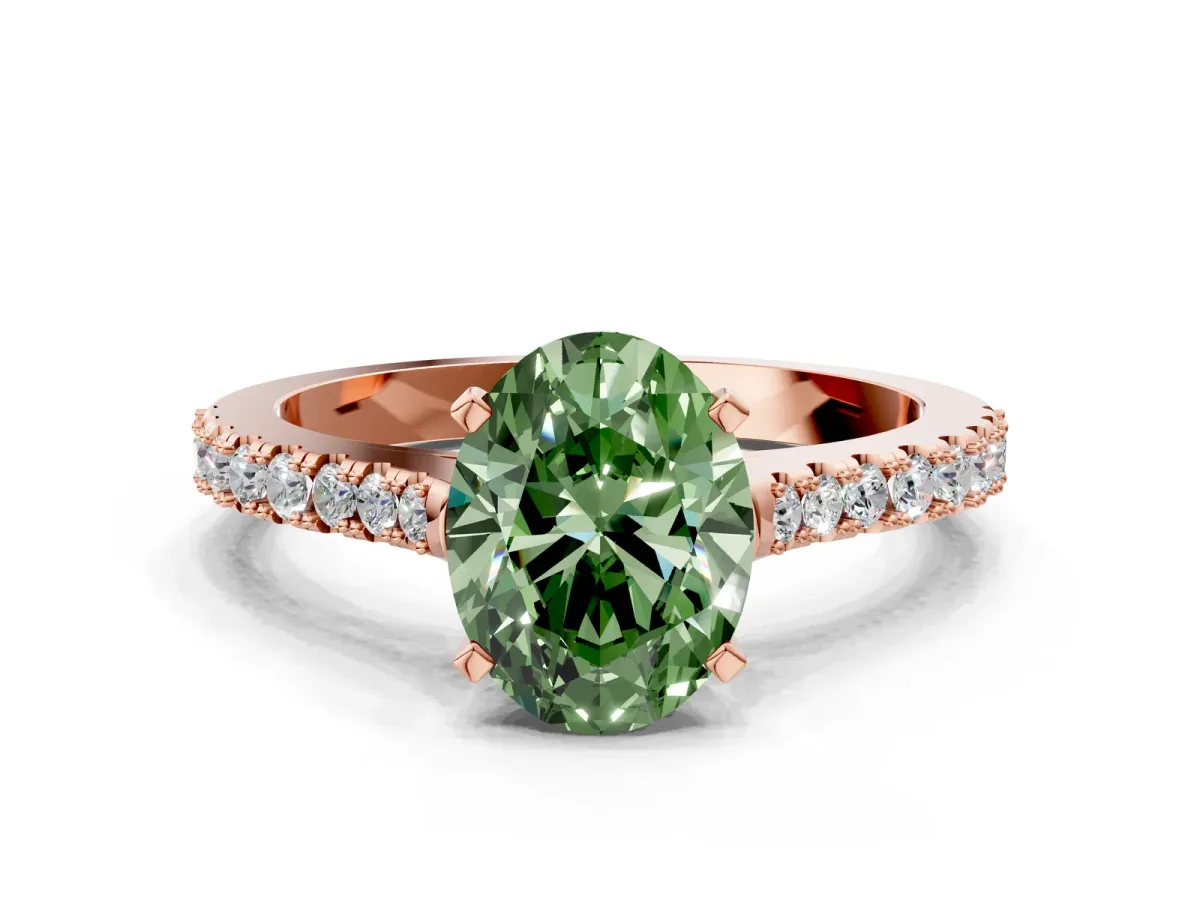 Fancy Green Oval Cut Cut Solitaire Diamond Engagement Ring with Pave Band and Four-Prong Setting Rose gold