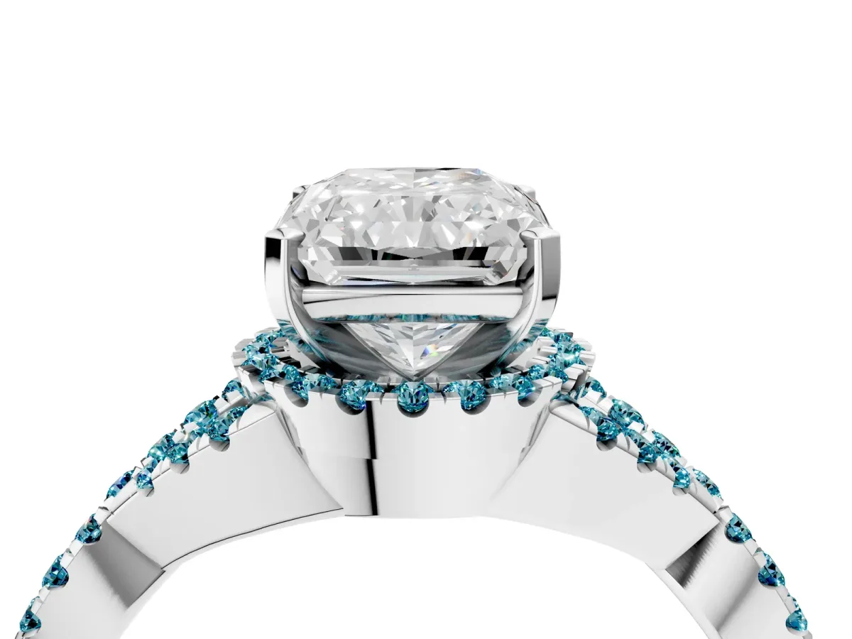 Radiant Cut Diamond Blue Topaz Halo Twist Band Solitaire Prong Setting Ring White gold