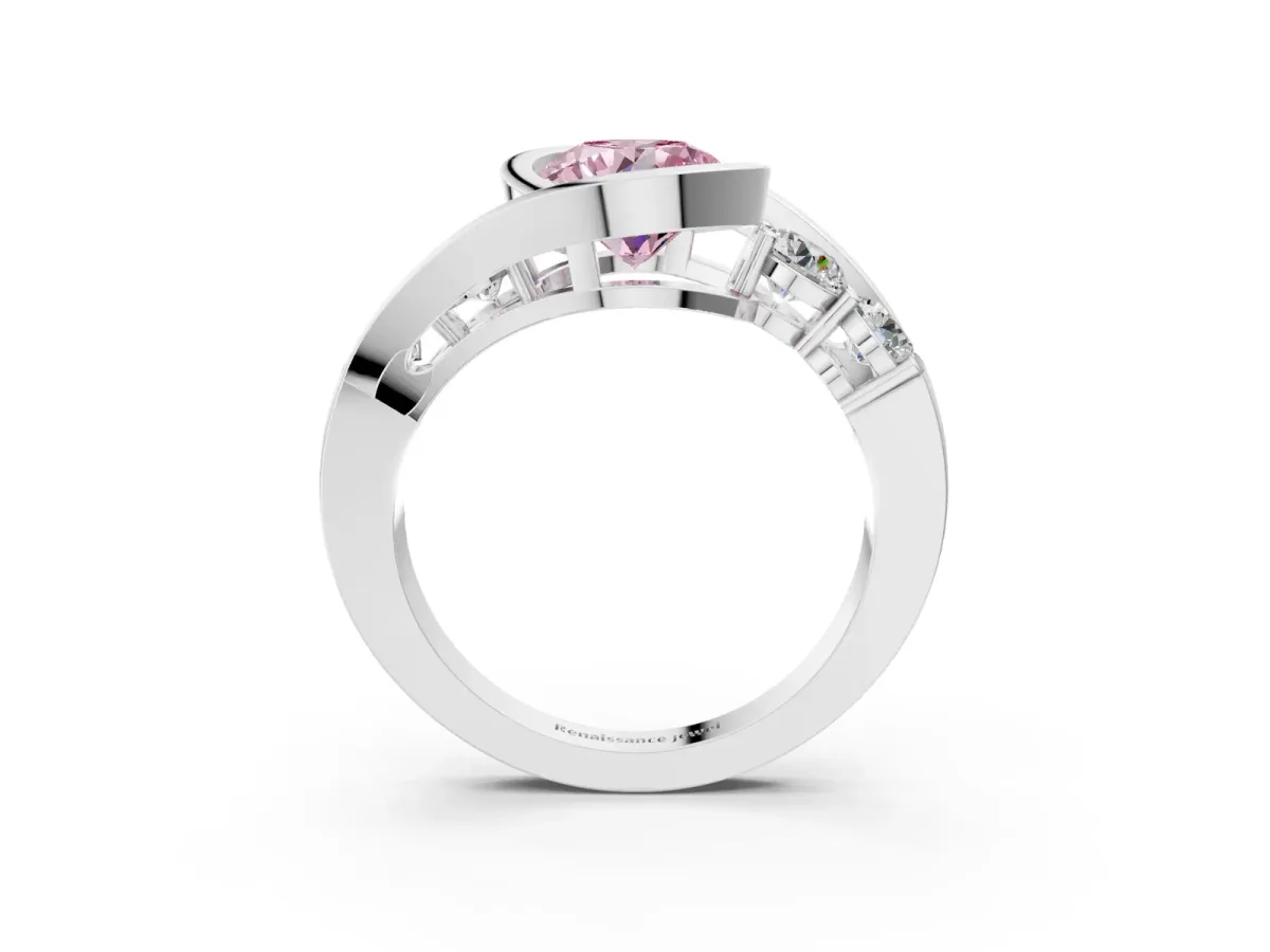 Fancy Pink Bezel Set Round Cut Diamond Bypass Ring with Round Accents Silver