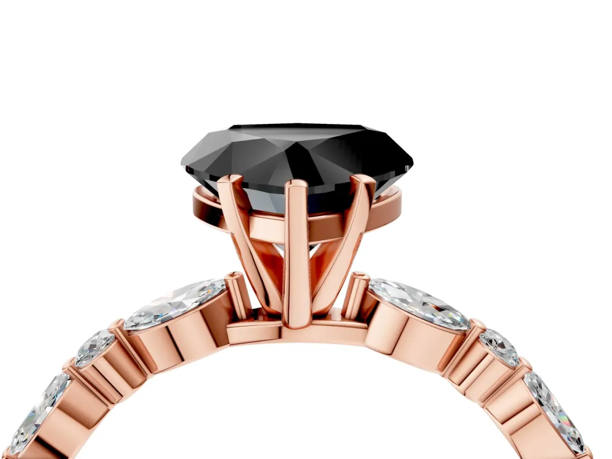 Fancy Black Heart Cut Diamond Ring with Marquise and Round Side Stones and Four-Prong Setting Rose gold