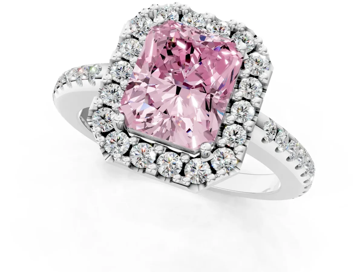 Fancy Pink Radiant Cut Diamond Pavé Halo Ring with Four-Prong Setting Platinum