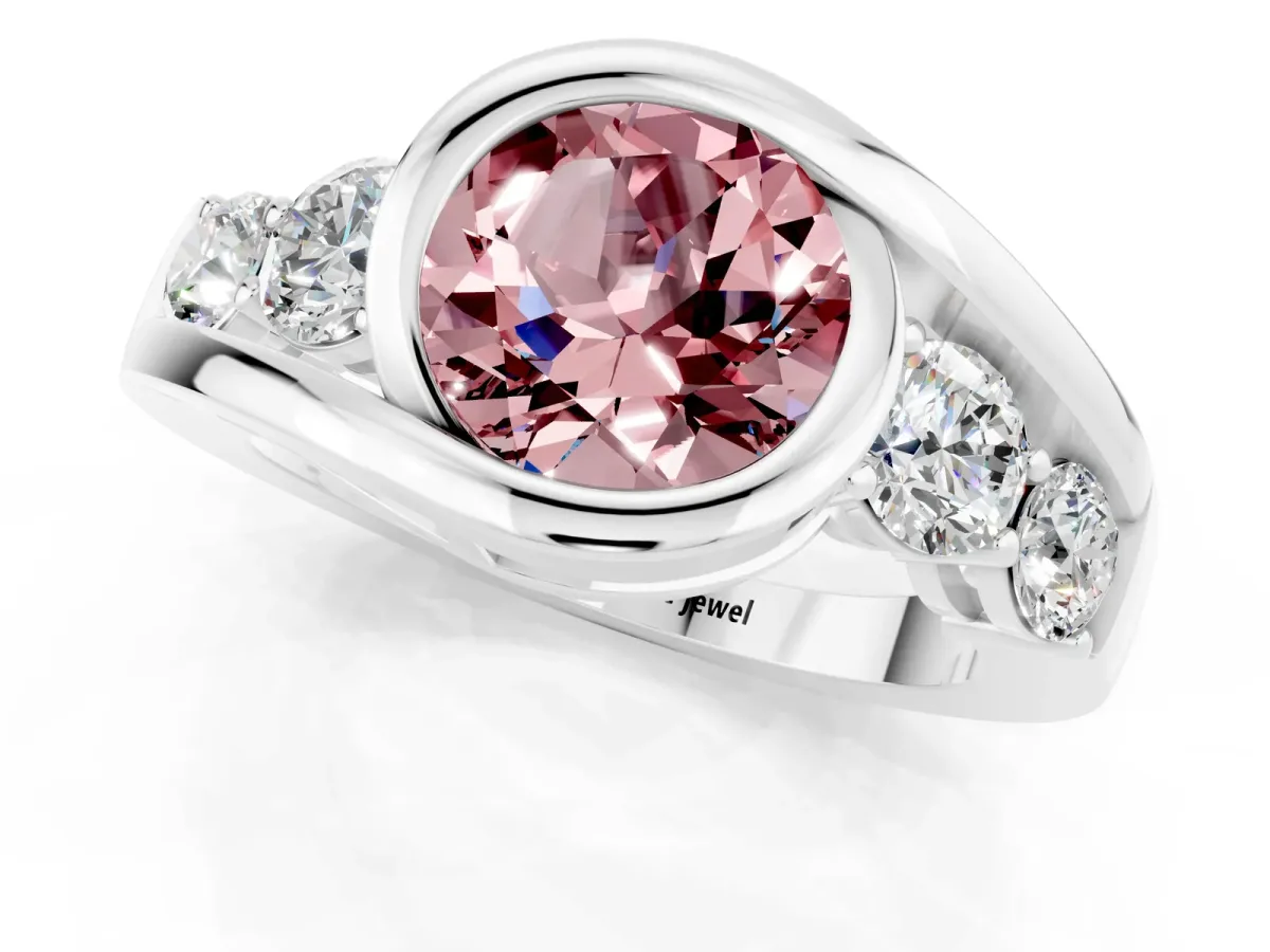 Bezel Set Round Cut Morganite Bypass Ring with Round Accents Silver