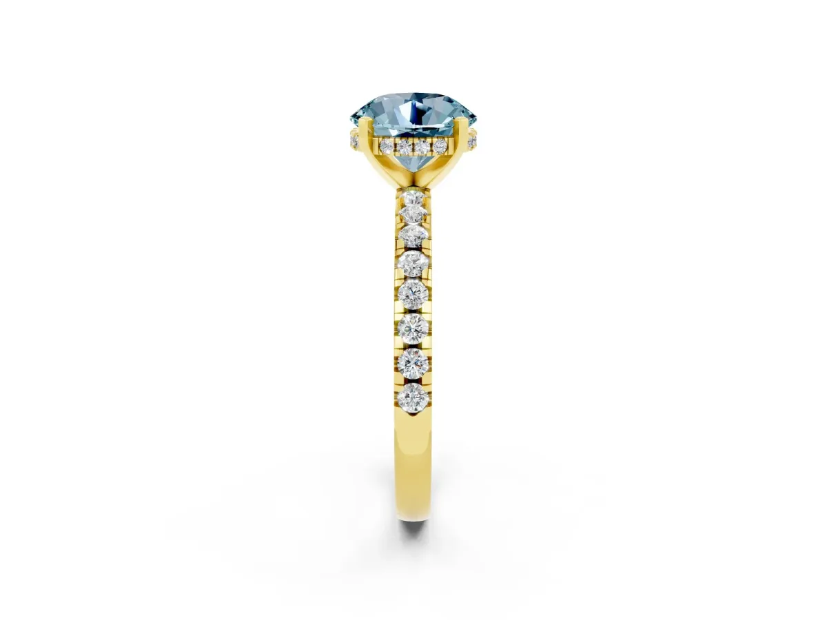 Round Cut Aquamarine Solitaire Ring with Round Pavé Band and Four-Prong Setting Yellow gold
