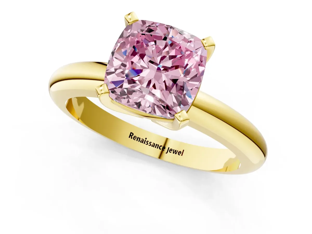 Fancy Pink Cushion Cut Diamond Solitaire Engagement Ring with Round Band and Four-Prong Setting Yellow gold