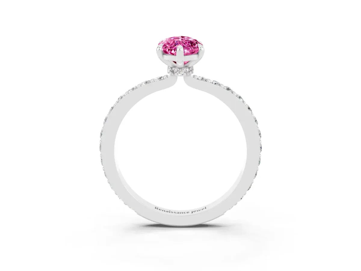 Marquise Cut Pink Sapphire Solitaire Engagement Ring with Pavé Band and Four-Prong Setting White gold