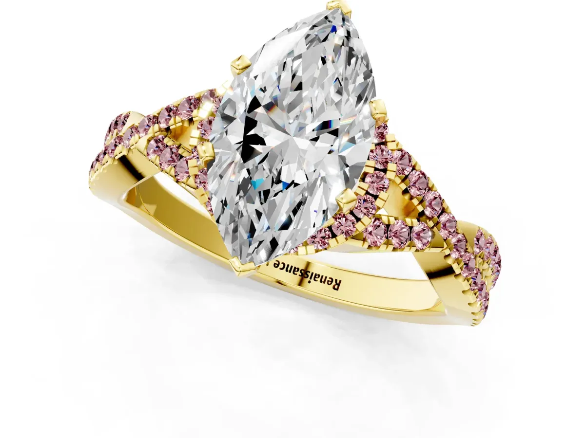 Heart Cut Diamond Morganite Halo Twist Band Solitaire Prong Setting Ring Yellow gold