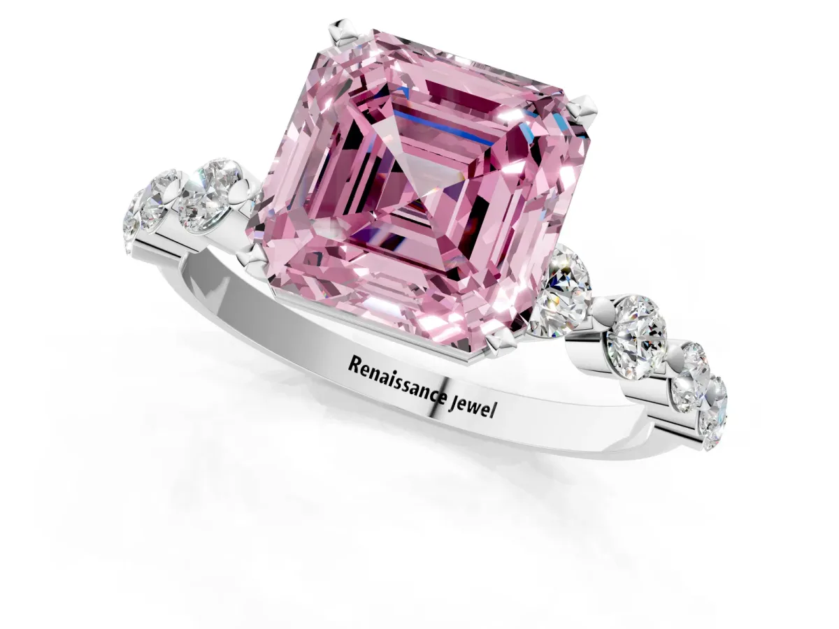 Fancy Pink Asscher Cut Solitaire Diamond Ring with Pave Band and Four-Prong Setting Platinum