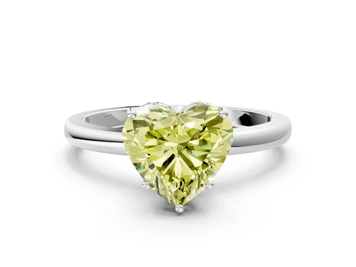 Fancy Yellow Heart Cut Solitaire Diamond Ring with Prong Setting and Plain Band Silver