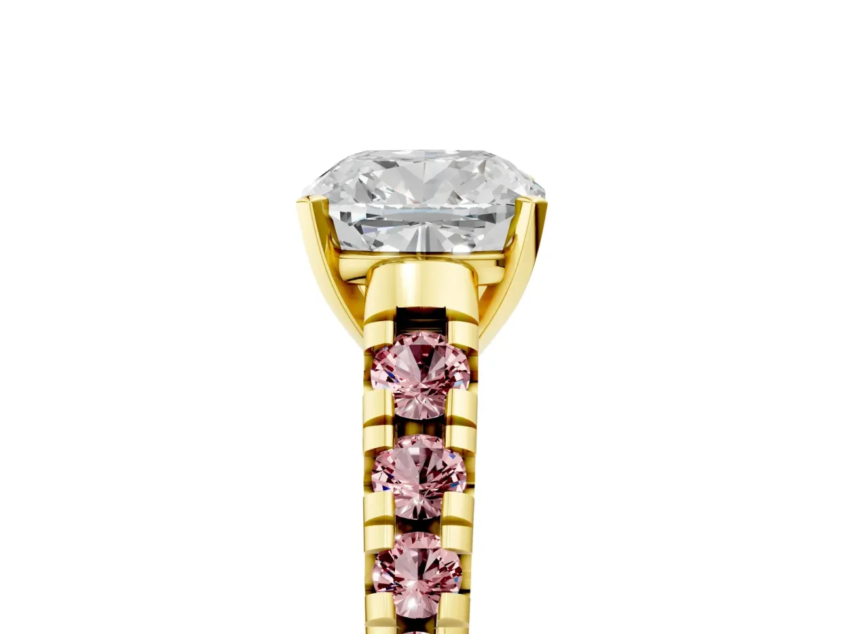 Cushion Cut Diamond Cathedral Solitaire Ring with Round Morganite Pavé Band Yellow gold