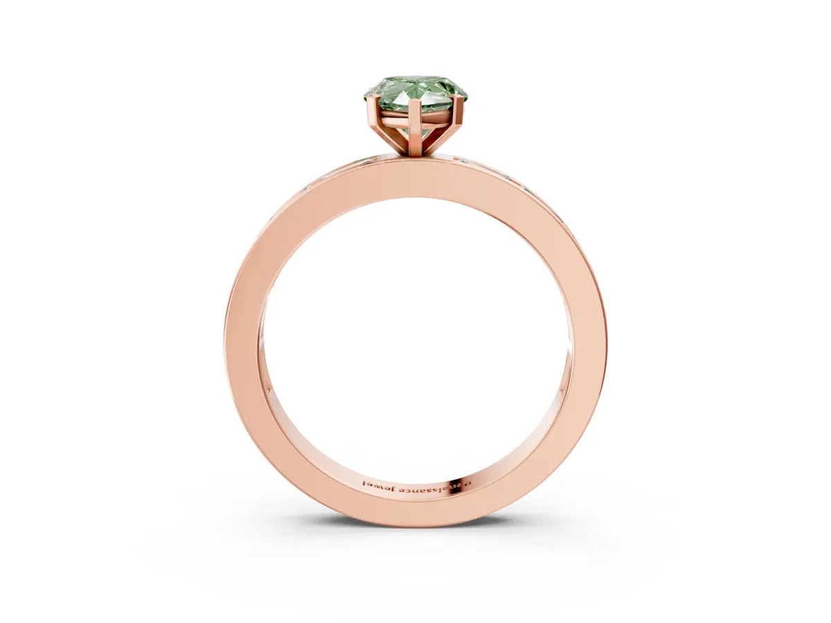 Fancy Green Pear Cut Solitaire Diamond Ring with Channel-Set Baguette Band and Four-Prong Setting Rose gold