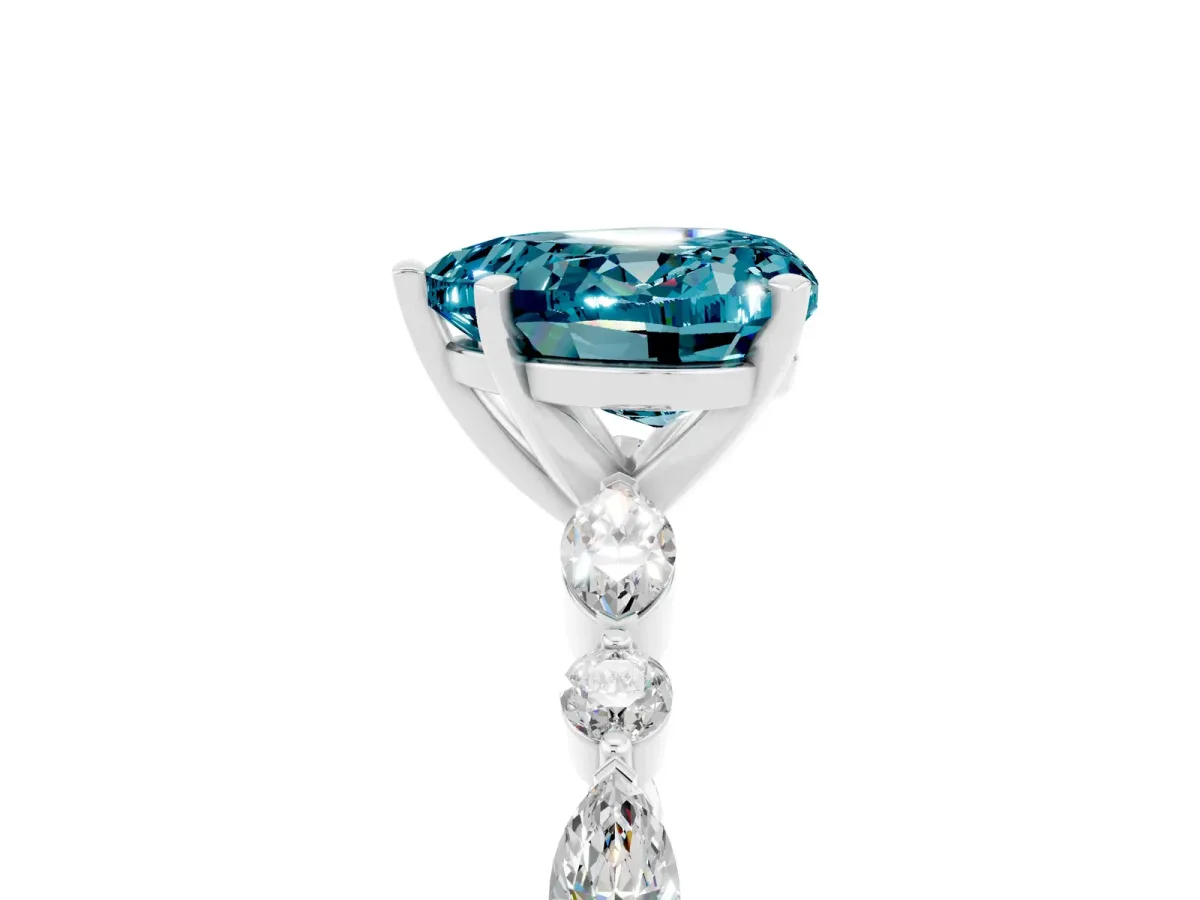Heart Cut Blue Topaz Ring with Marquise and Round Side Stones and Four-Prong Setting White gold