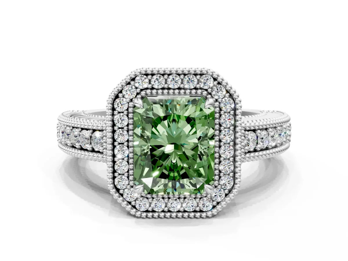 Fancy Green Radiant Cut Cut Halo Diamond Ring with Pavé Band and Four-Prong Setting Platinum