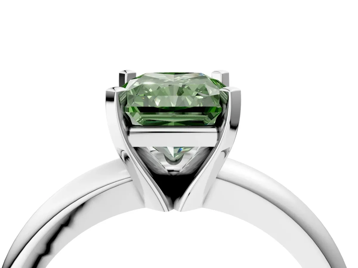 Fancy Green Radiant Cut Diamond Solitaire Engagement Ring with Round Band and Four-Prong Setting White gold