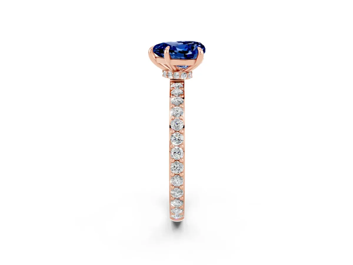 Heart Cut Blue Sapphire Solitaire Engagement Ring with Pavé Band and Four-Prong Setting Rose gold