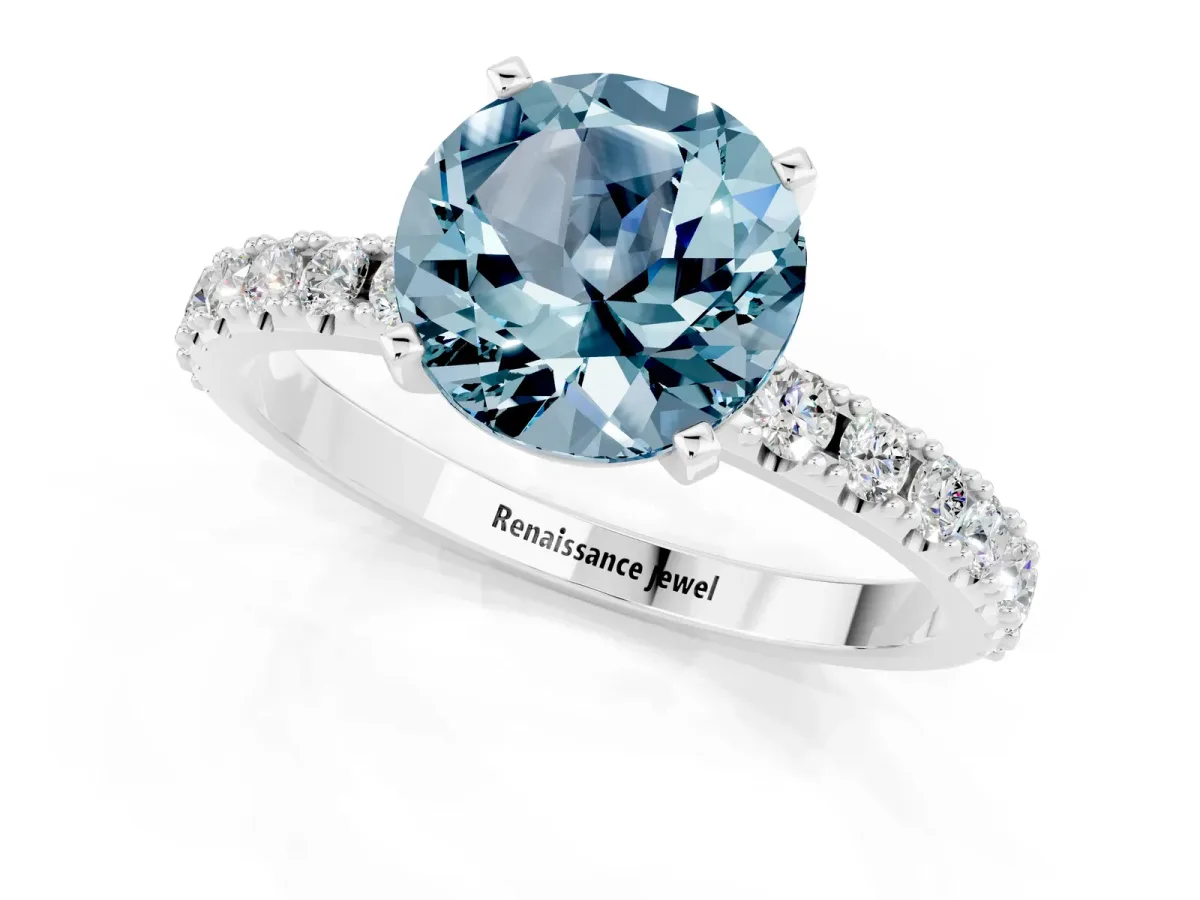 Round Cut Aquamarine Solitaire Pavé Band with Four-Prong Setting Platinum