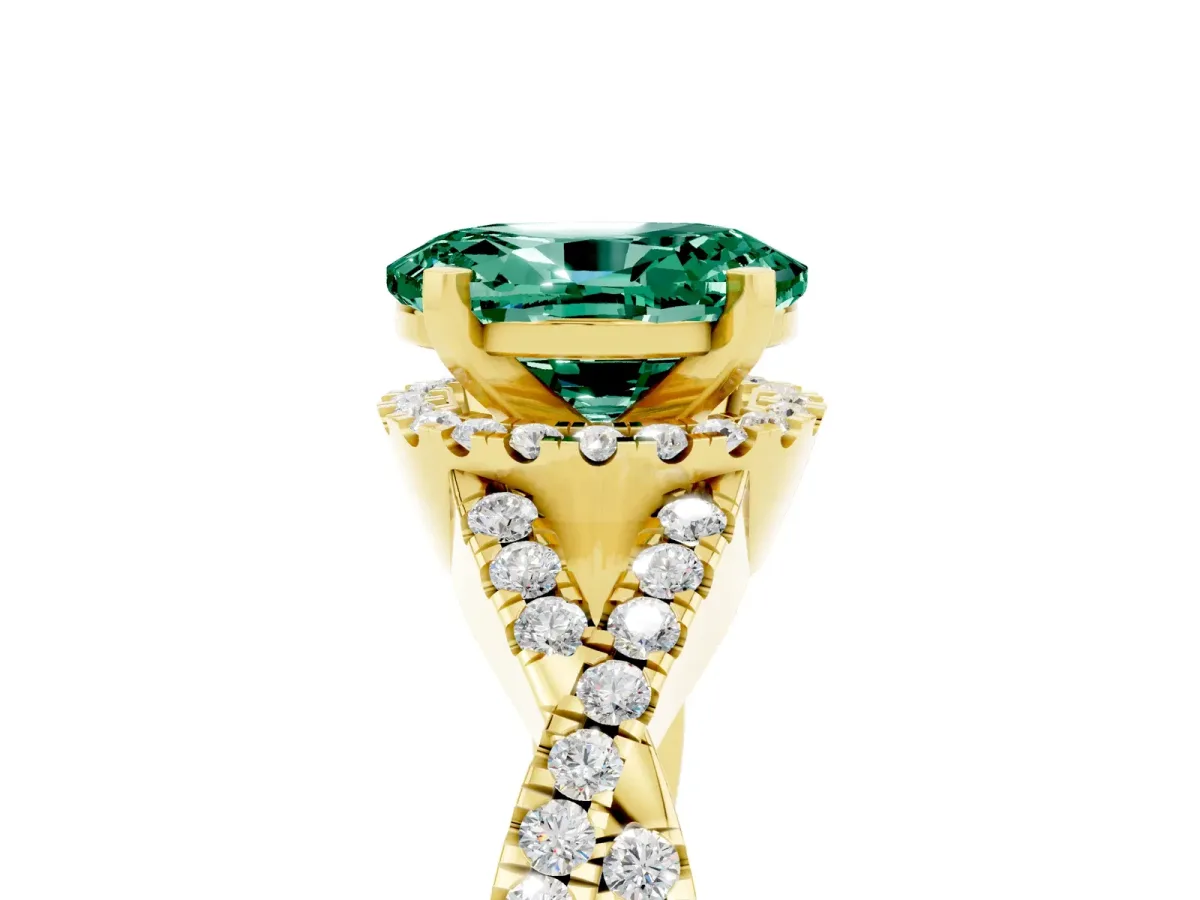 Oval Cut Green Sapphire Halo Twist Band Solitaire Prong Setting Ring Yellow gold