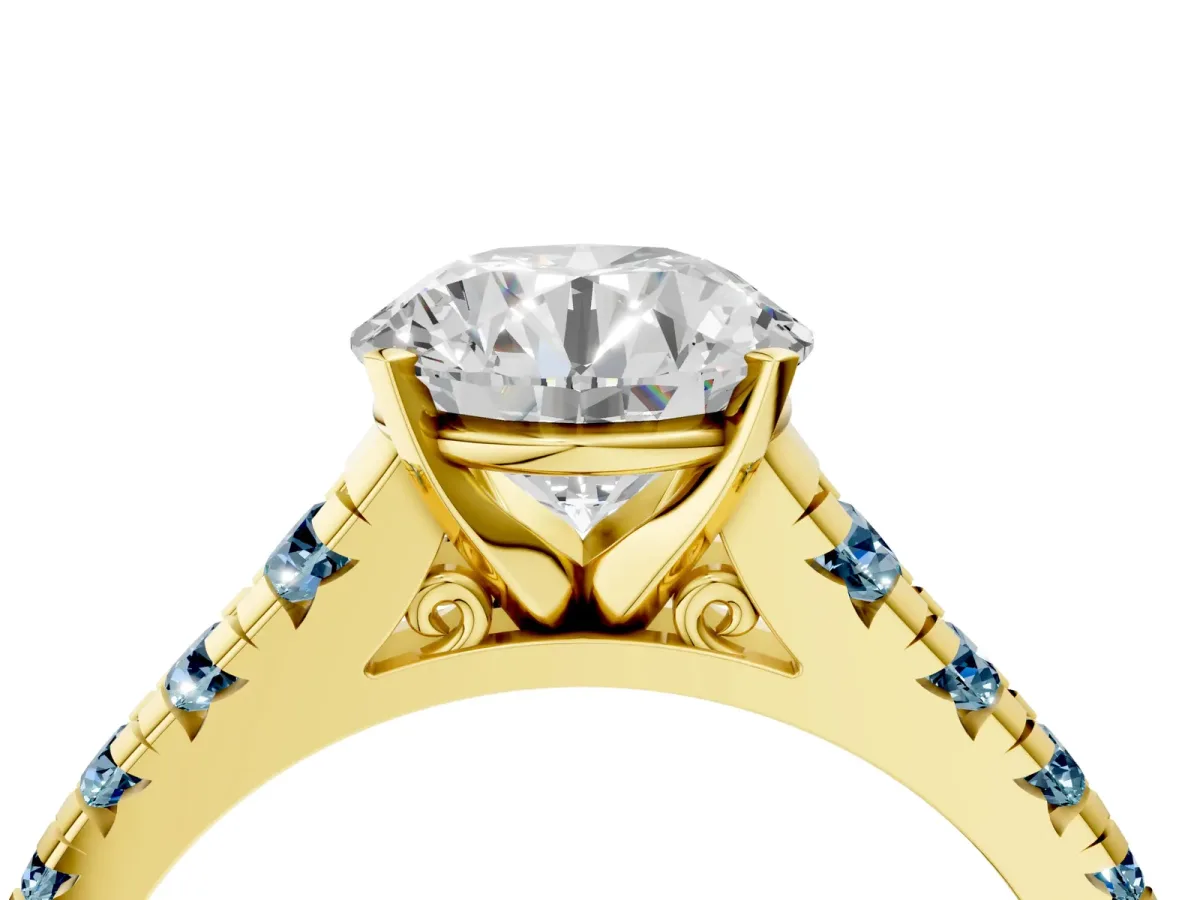 Round Cut Diamond Cathedral Solitaire Ring with Round Aquamarine Pavé Band Yellow gold