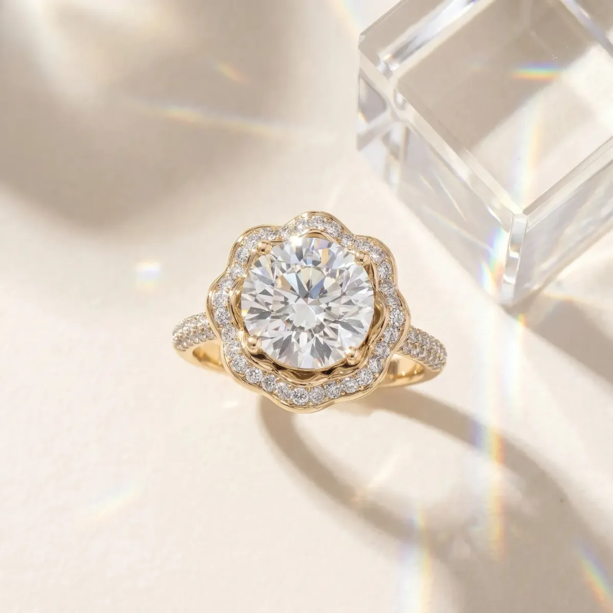 Round Cut Halo Diamond Floral Pave Band Ring with Four-Prong Setting Yellow gold