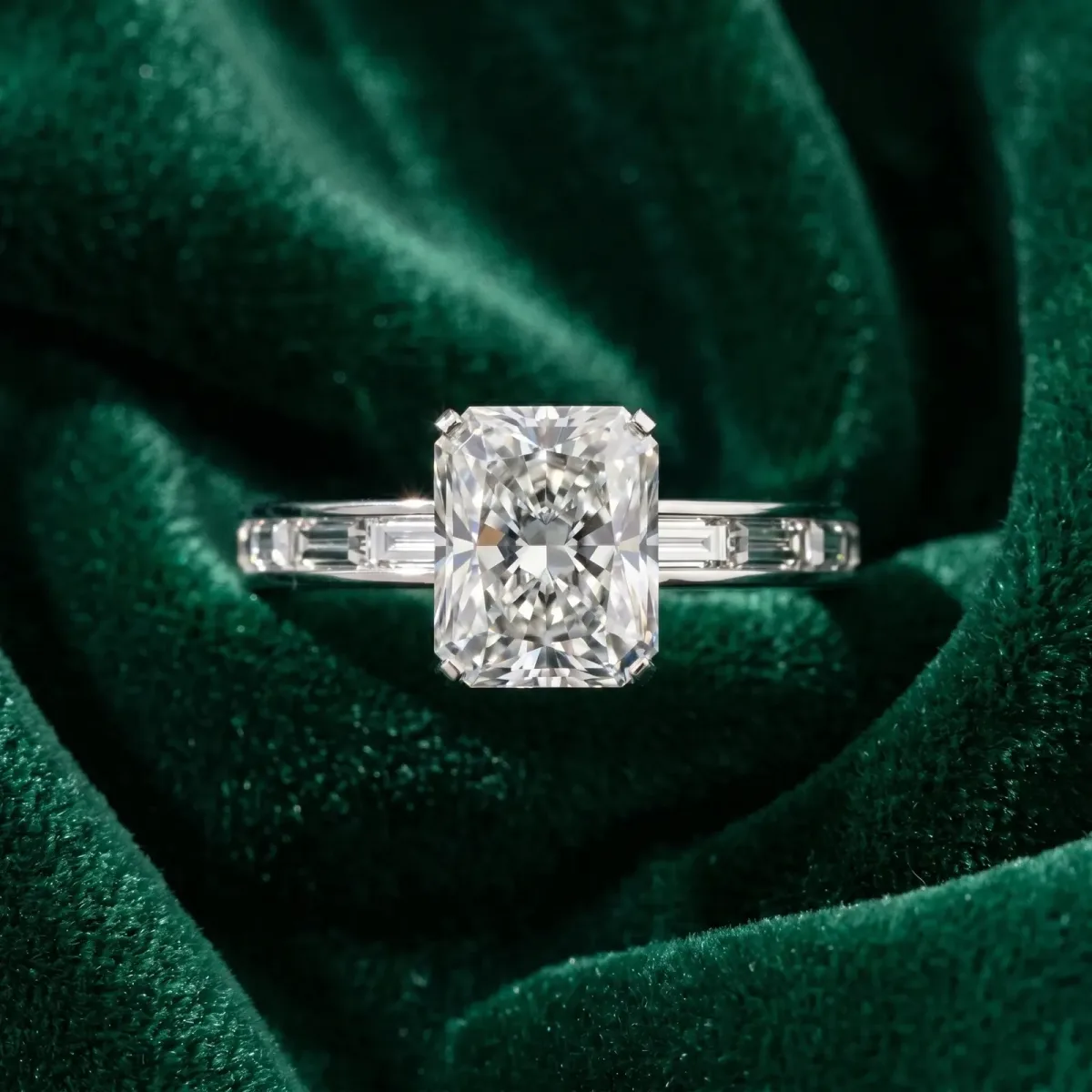 Radiant Cut Solitaire Diamond Ring with Channel-Set Baguette Band and Four-Prong Setting White gold