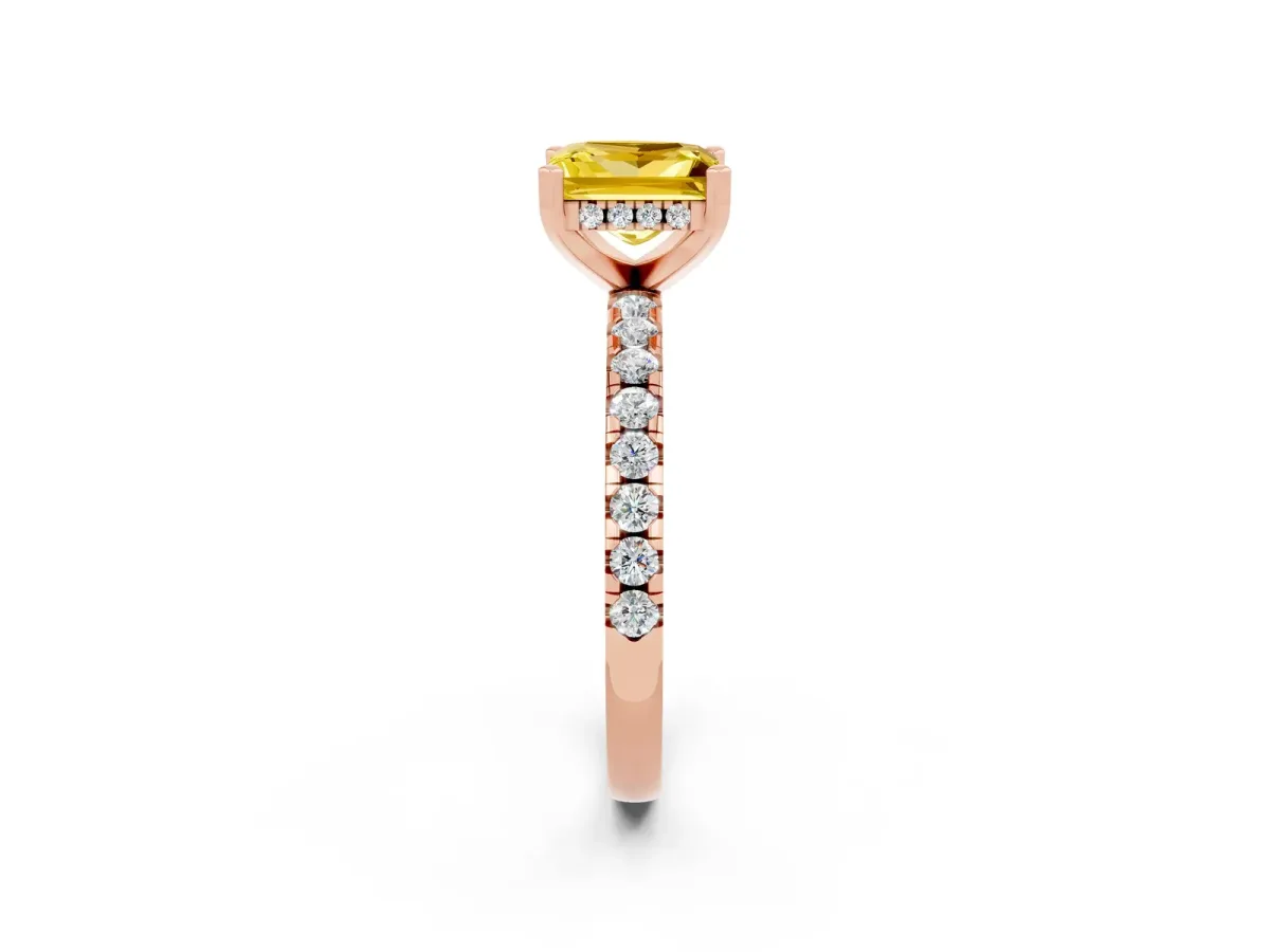 Princess Cut Yellow Sapphire Solitaire Ring with Round Pavé Band and Four-Prong Setting Rose gold