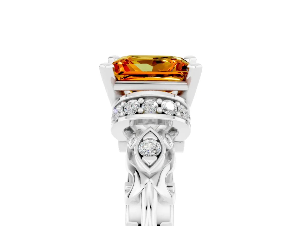 Princess Cut Citrine Solitaire Ring with Filigree Band and Four-Prong Setting Silver
