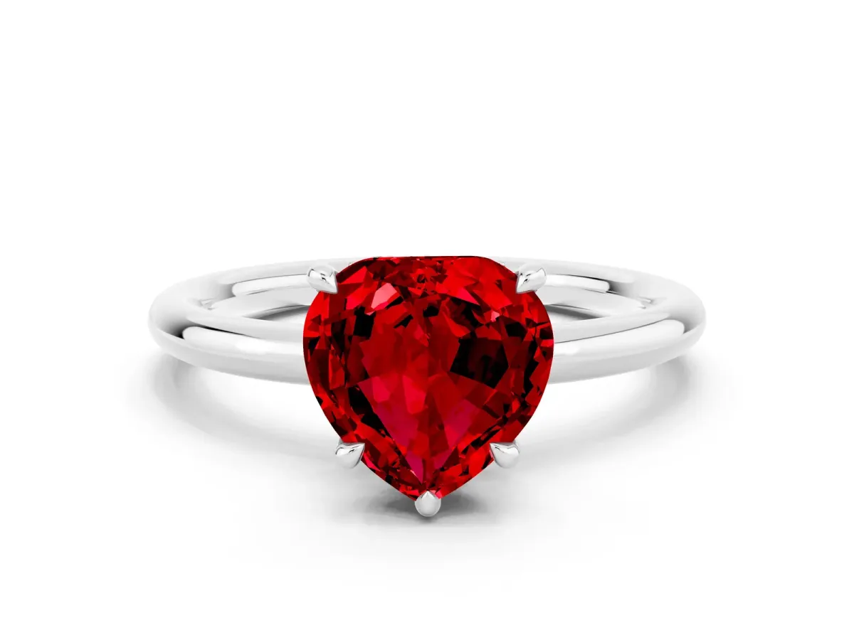 Heart Cut Ruby Solitaire Ring with Thin Band and Four-Prong Setting White gold