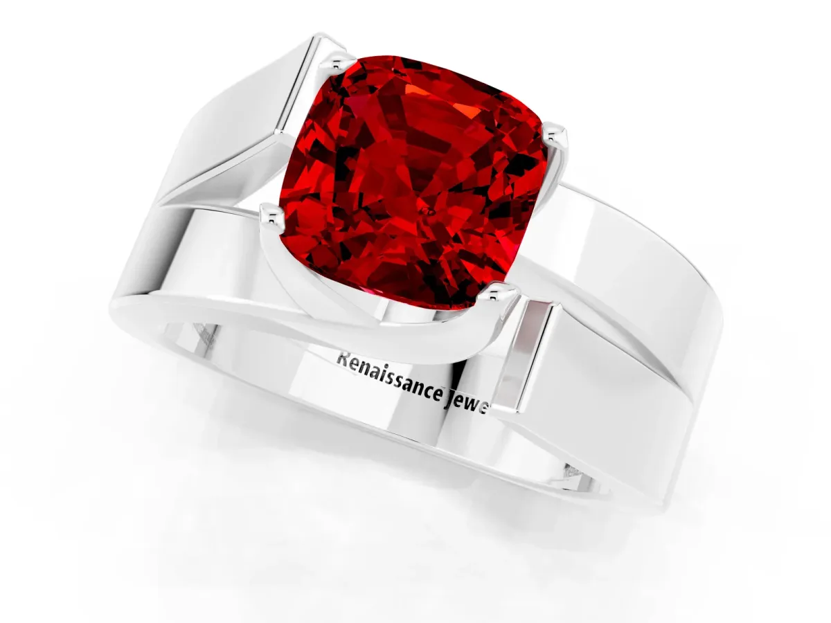 Modern Tension Set Cushion Cut Ruby Solitaire Wide Band Ring White gold