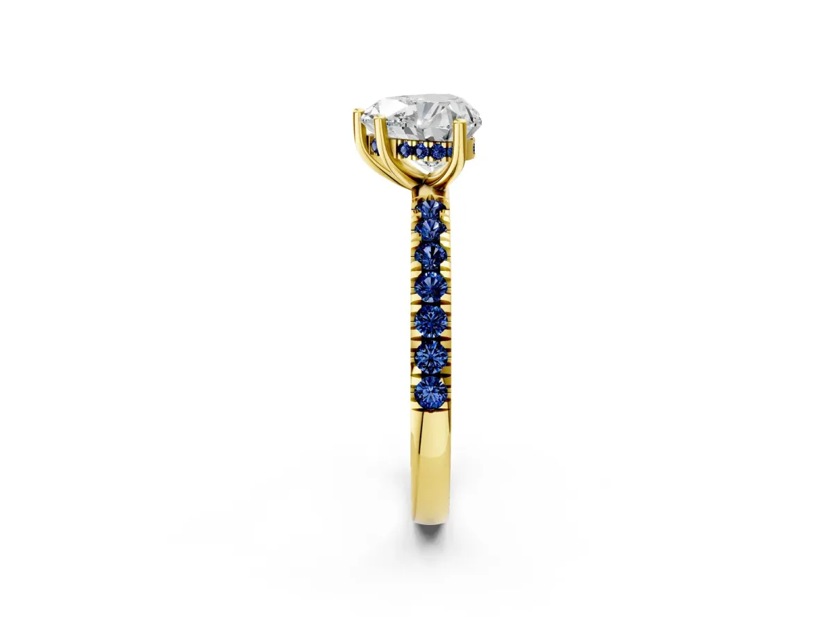 Heart Cut Diamond Pave Band Solitaire Ring with Round Blue Sapphire and Prong Setting Yellow gold