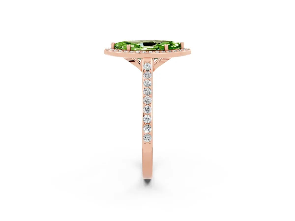 Marquise Cut Peridot Halo Engagement Ring with Round Pavé Shoulders and Prong Setting Rose gold