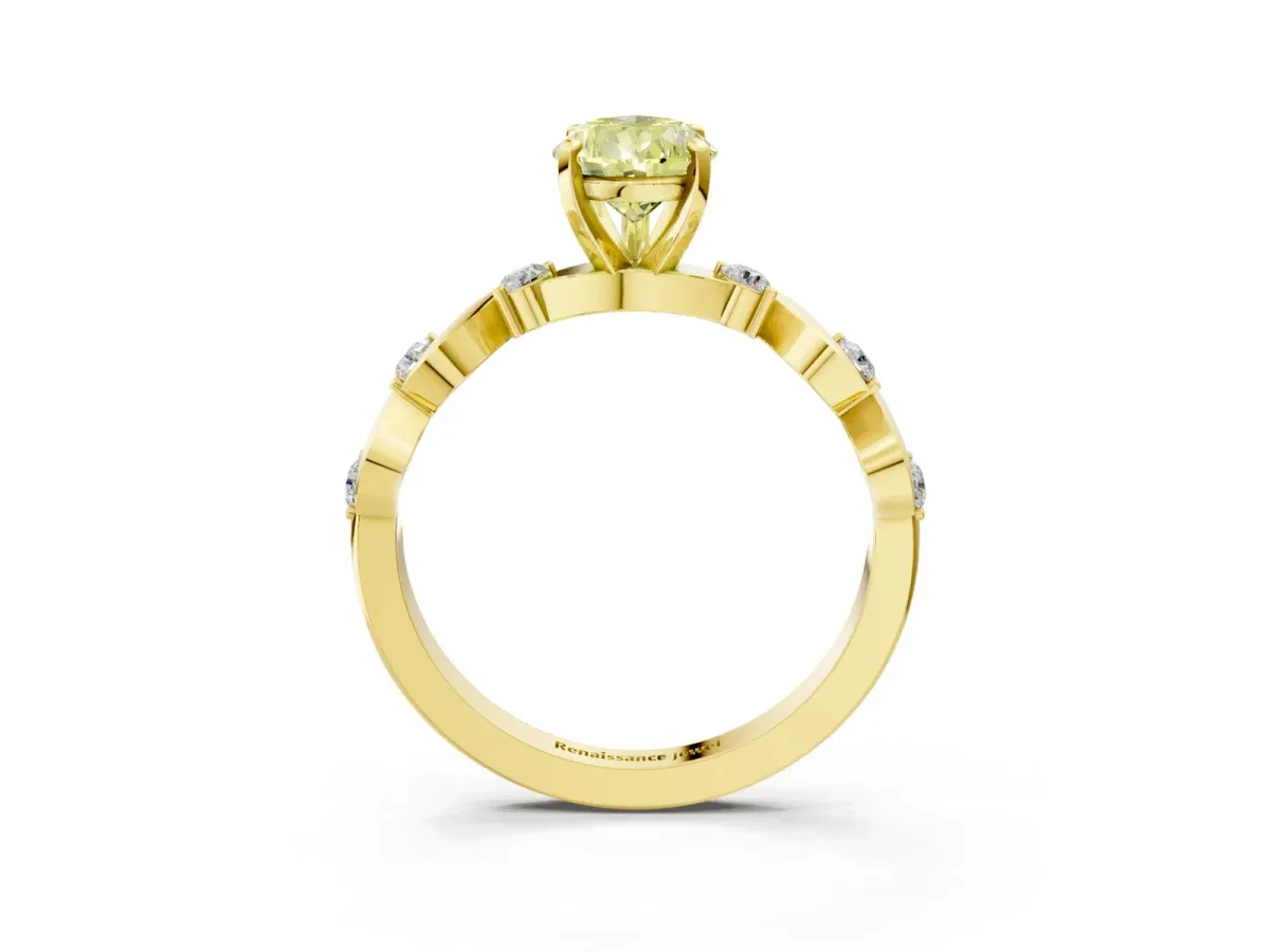 Fancy Yellow Pear Cut Diamond Solitaire Twisted Band with Round Accents and Prong Setting Yellow gold