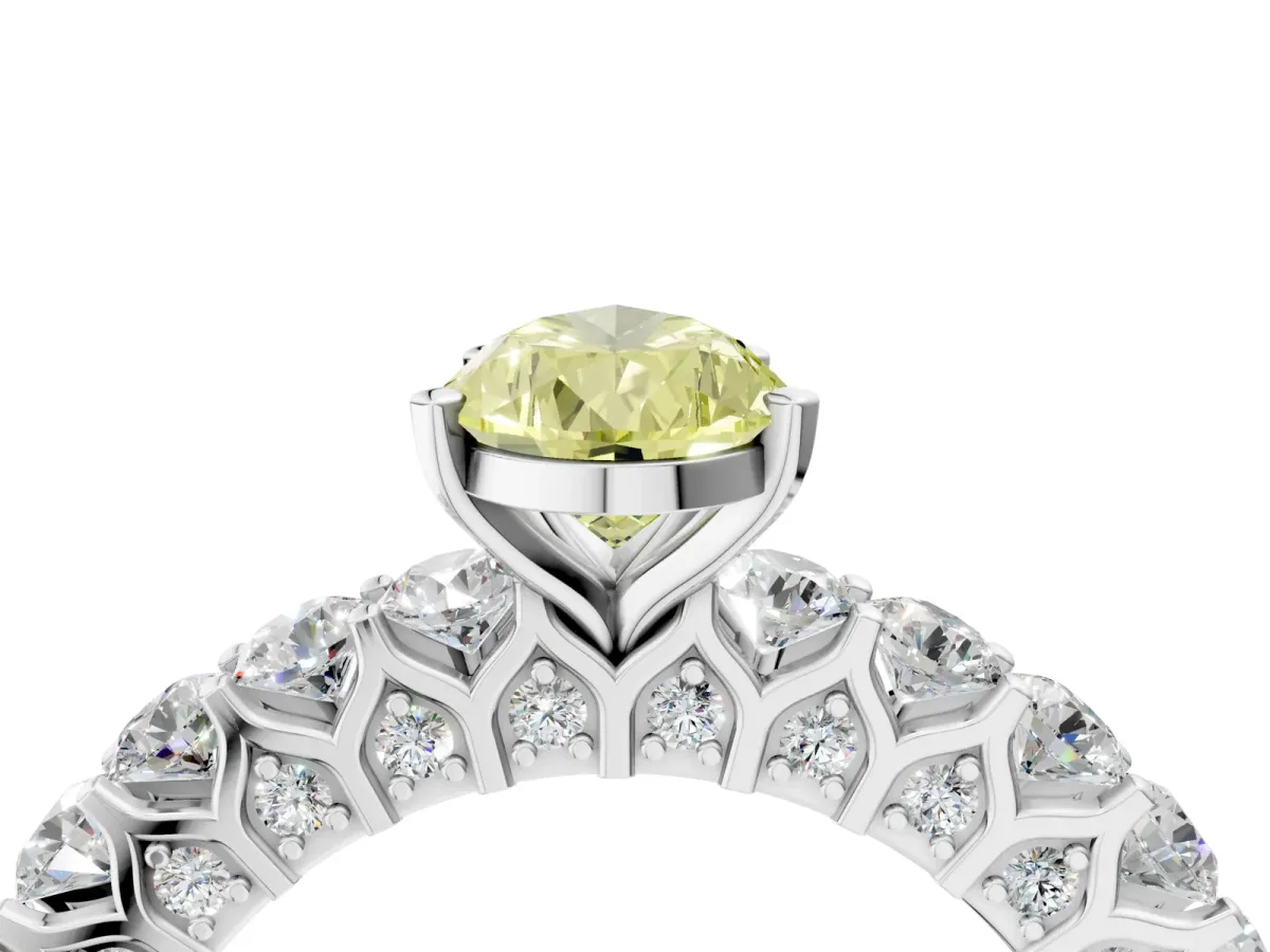 Fancy Yellow Pear Cut Diamond Solitaire Ring with Shared Prong Pavé Band and Four-Prong Setting Silver