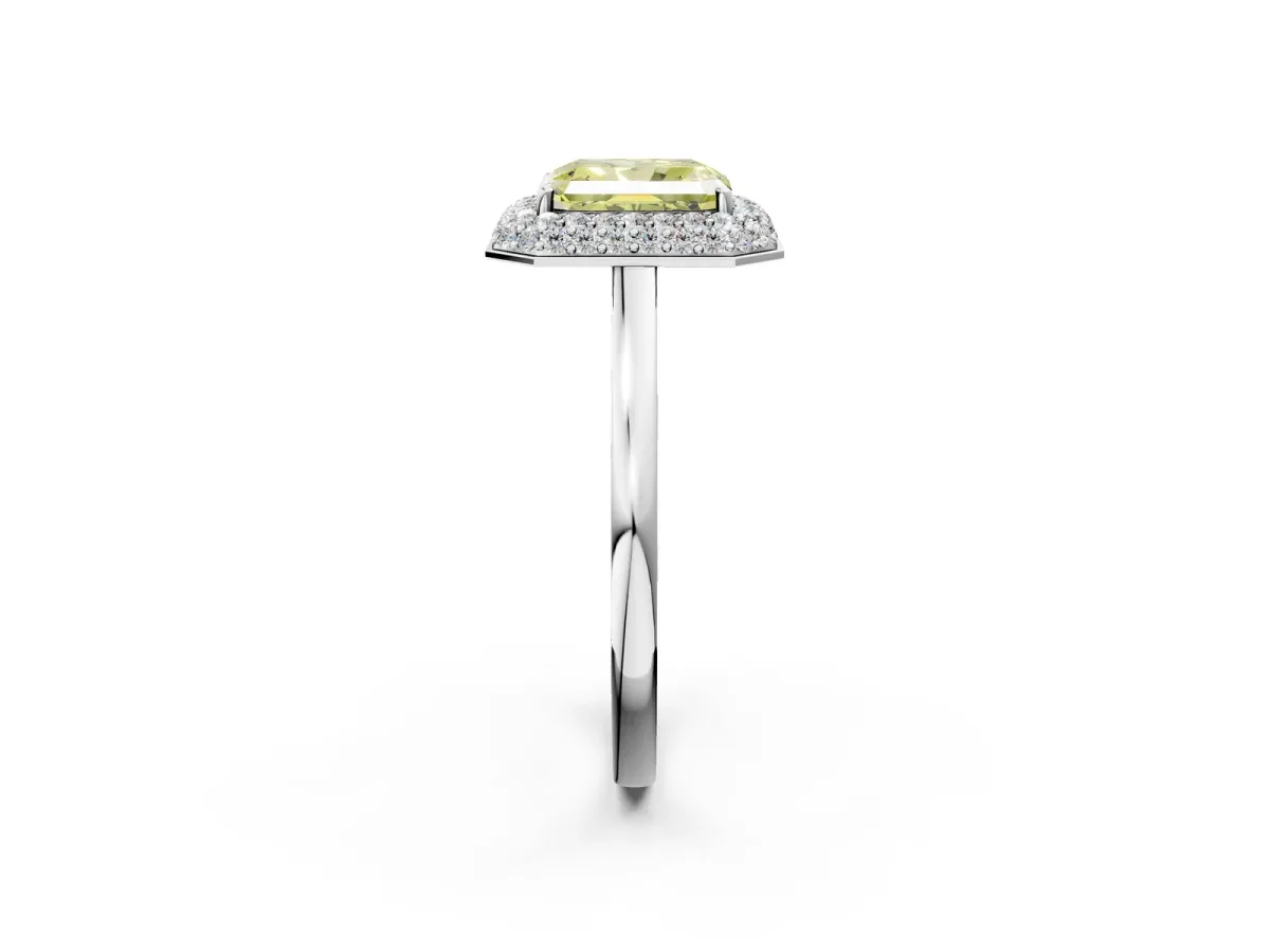 Fancy Yellow Radiant Cut Halo Diamond Engagement Ring with Solitaire Band and Four-Prong Setting Platinum