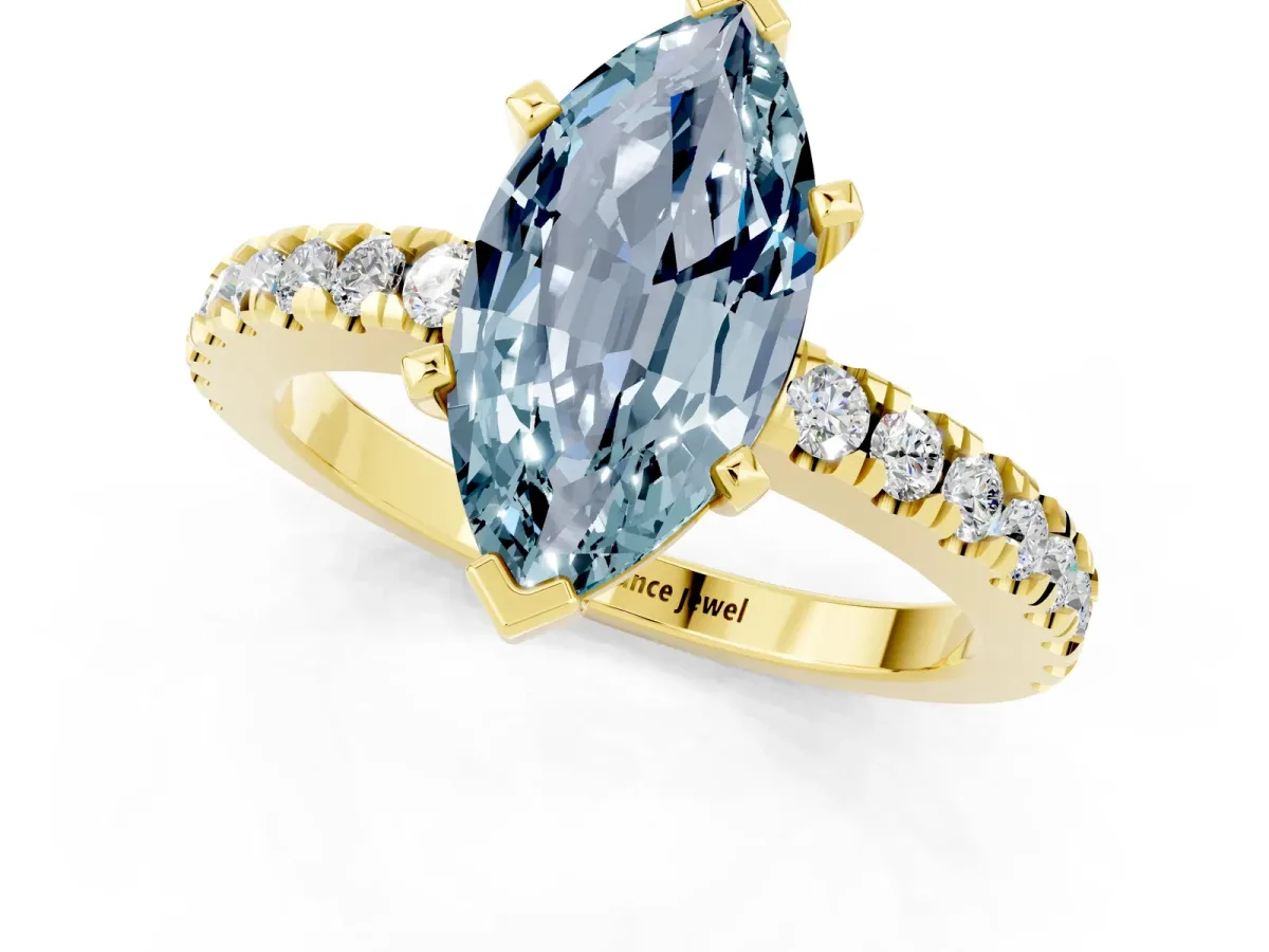 Marquise Cut Solitaire Aquamarine with Pavé Band and Four-Prong Setting Yellow gold