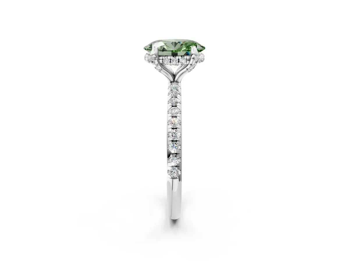 Fancy Green Oval Cut Diamond Hidden Halo Engagement Ring with Round Pavé Band and Prong Setting Silver